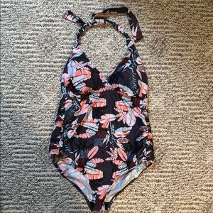Motherhood Maternity One Piece Swimsuit - Coral and Navy Leaf Pattern
